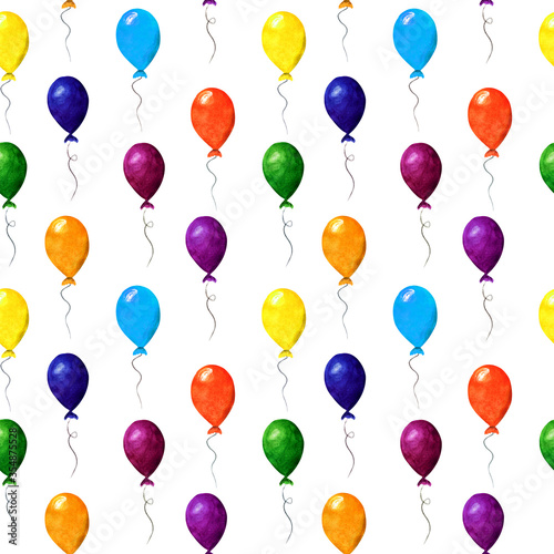 Seamless pattern with colorful air balloons isolated on white background. Watercolor hand drawn illustration in cartoon realistic style. Concept of celebration, holiday, happy birthday, gift.