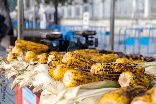 Baked corn on a street vendor cart in the historical center of Istanbul, Turkey