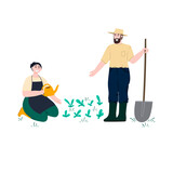 Man and woman works in garden or backyard. Woman waters seedlings. Man stands with a shovel. Spring or summer gardening and farming. Cartoon characters. Flat style hand drawn vector illustration.