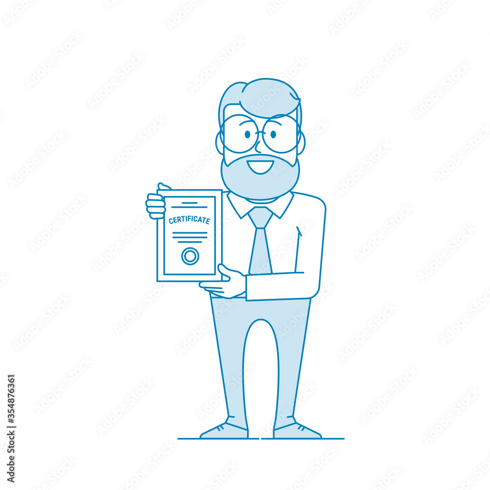Happy man holding certificate. Certification confirmation. Character - a man in glasses and with beard. Office worker in a shirt with a tie. Illustration in line art style. Vector
