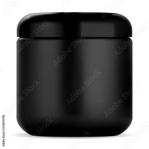 Black cosmetic jar. Plastic cream container mockup. Supplement powder canister