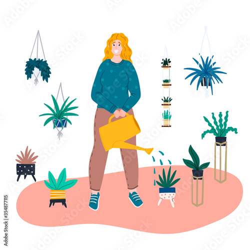 Girl watering a flower from a watering can. Houseplant in trendy flowerpot. Cartoon flat hand drawn vector ilustration.