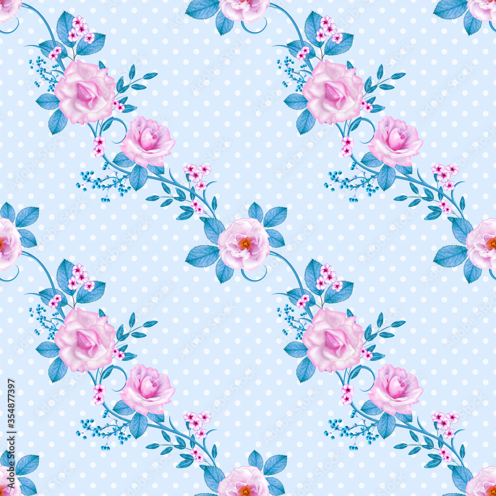 Delicate beautiful pink, lilac roses, blue pastel foliage, clusters of berries, flower arrangement, realism, seamless pattern