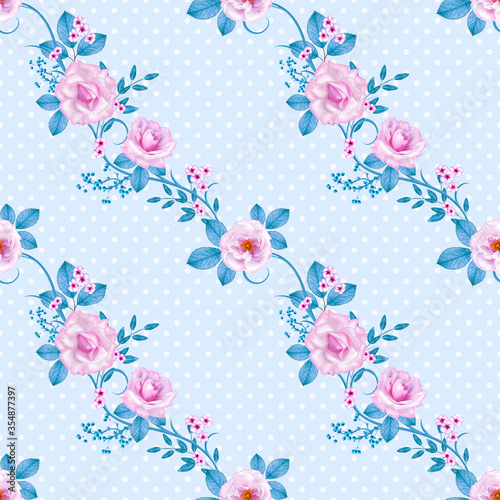 Delicate beautiful pink  lilac roses  blue pastel foliage  clusters of berries  flower arrangement  realism  seamless pattern