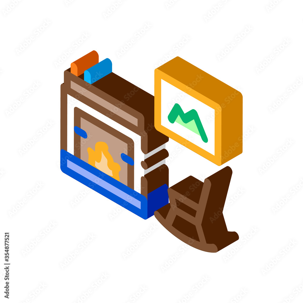 Rocking Chair near Fireplace Icon Vector. Isometric Rocking Chair near Fireplace sign. color isolated symbol illustration Rocking Chair near Fireplace Icon Vector. Isometric Rocking Chair near Fireplace sign. color isolated symbol illustration