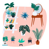 Urban jungle interior hand drawn cartoon style vector concept illustration with retro dressing table, shelf and houseplants.