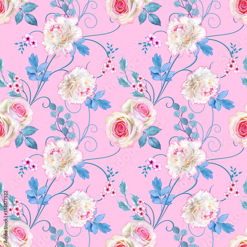 Seamless floral pattern, delicate terry white peonies, pink pastel roses, blue foliage, curls.