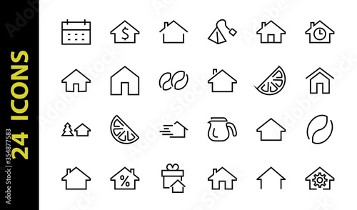 Simple set of line vector home icons. Contains house symbols at interest, infuse house and more. Editable stroke. 480x480 pixels perfect