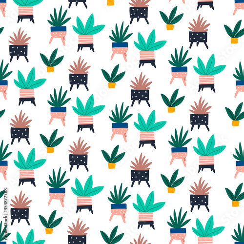 Flowerpots cartoon style hand drawn seamless pattern for fabric, wrapping paper, web background with scandinavian pattern.