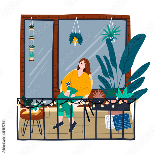 Girl is chilling on the balcony full of houseplants. Urban jungle aesthetic. Hand drawn cartoon style concept illustration for magazine, advertisement