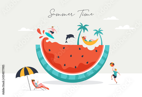 Summer scene, group of people having fun around a huge watermelon, surfing, swimming in the pool, drinking cold beverage, playing on the beach