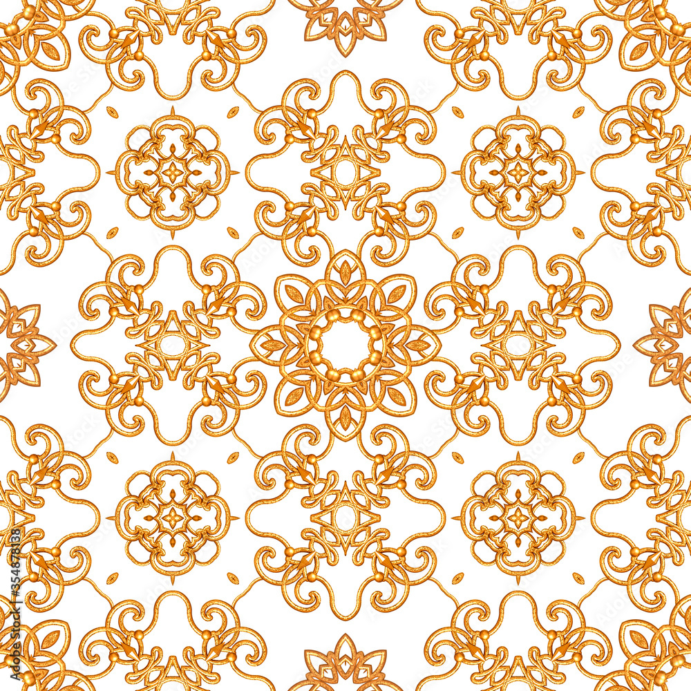 Seamless pattern. Golden textured curls. Oriental style arabesques. Brilliant lace, stylized flowers. Openwork weaving delicate, golden background, 3D rendering. Seamless pattern. Golden textured curls. Oriental style arabesques. Brilliant lace, stylized flowers. Openwork weaving delicate, golden background, 3D rendering.