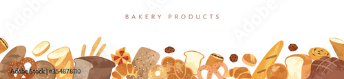 Set of different types, shapes and sizes of breads and homemade baked products: croissant, loaf, bun, baguette, toast, pretzel. Bakery goods set use for cooking books, restaurant menu, posters, labels