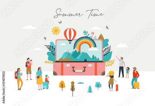 Summer scene, group of people, having fun around a huge open suitcase with travel scene, mountains, nature, rainbow and air balloon