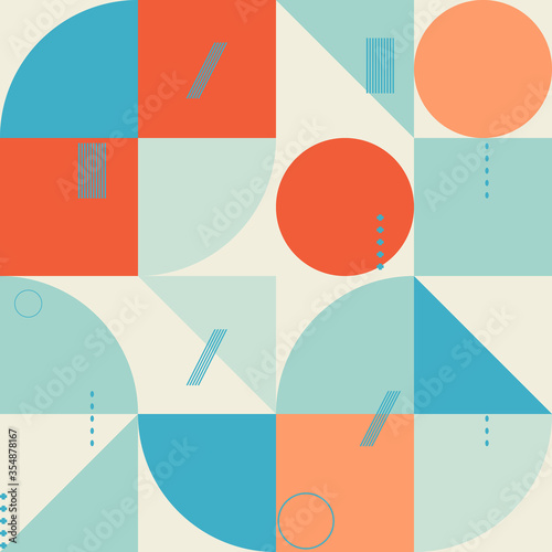 Geometric vector seamless pattern in retro style . Modern background with circles, tirangles, squares  and semicircles inspired by mid century design.