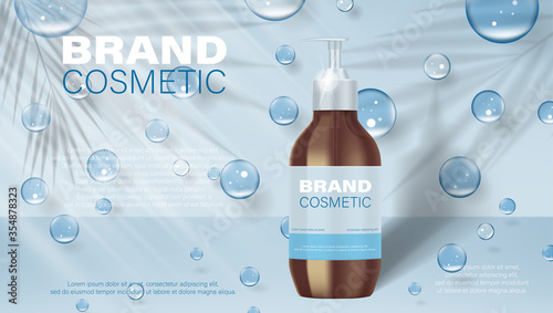 Liquid hand wash ads, cosmetic product package design for poster advertising. Dispenser clean bottle with transparent bubbles on soft blue background in 3d illustration