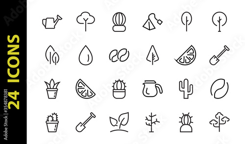 A set of Rosteniya Icons, and garden care, Vector illustration, Contains Icons such as tree, cactus, watering can, spade, flower and much more. on a white background, editable bar 480x480