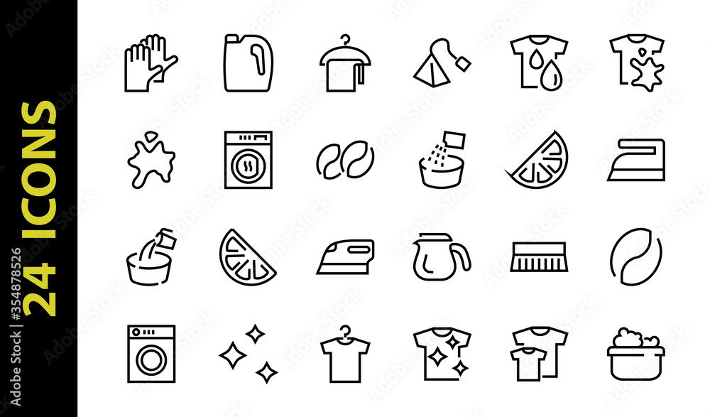 Simple set of washing related vector line Icons. Contains icons such as washing machine, powder, laundry, dirty t-shirt and much more. On a white background, editable stroke. 48x48 pixels perfect Simple set of washing related vector line Icons. Contains icons such as washing machine, powder, laundry, dirty t-shirt and much more. On a white background, editable stroke. 48x48 pixels perfect