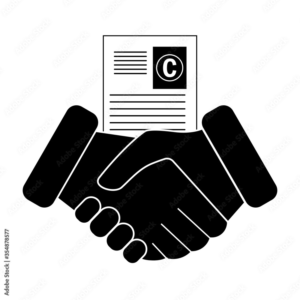 Obraz premium Handshake, paper document with copyright icon. Concept partnership, trust and collaboration. Vector illustration. 