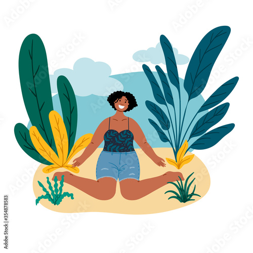 African happy woman sits on the beach. Summer vacation trip. Body positive, self love and self acceptance hand drawn cartoon flat concept illustration