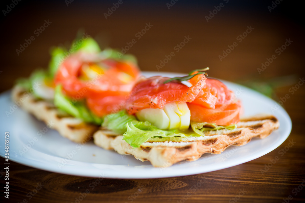 fried bread toast with salad leaves and salted red fish