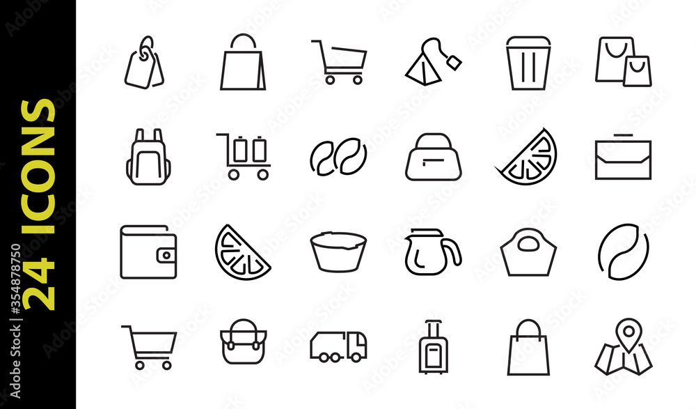 Simple set of bags, shopping and travel icons. Vector illustration Contains icons such as Card, wallet, shopping basket, discount, bowl, package. On a white background, editable stroke Simple set of bags, shopping and travel icons. Vector illustration Contains icons such as Card, wallet, shopping basket, discount, bowl, package. On a white background, editable stroke