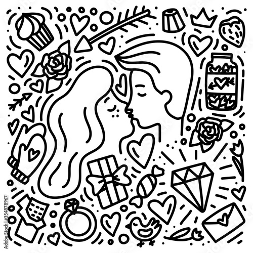 Romantic couple kissing. Doodle style hand drrawn concept for Valentine's Day. Girl and boy. Love card