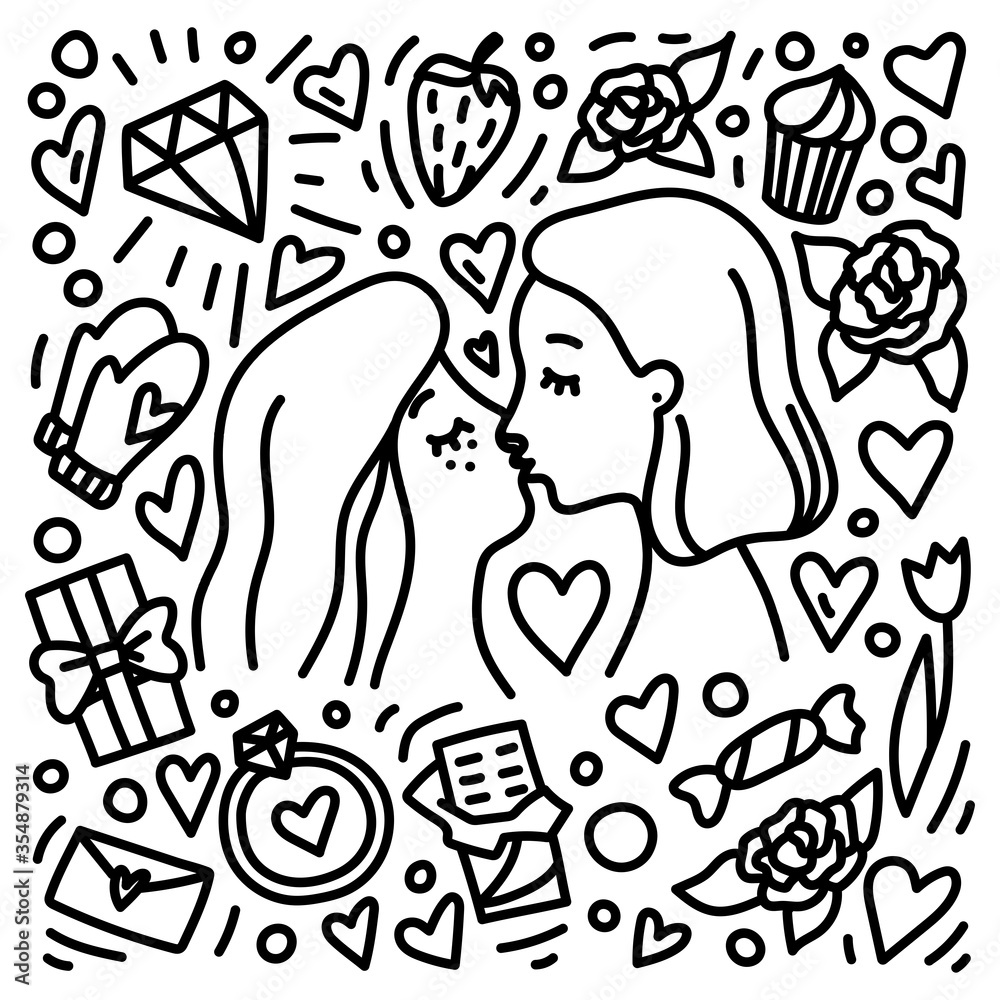 Two young women kissing each other. Valentine's Day hand drawn doodle style concept. Gay romantic couple. Homosexual relationship.