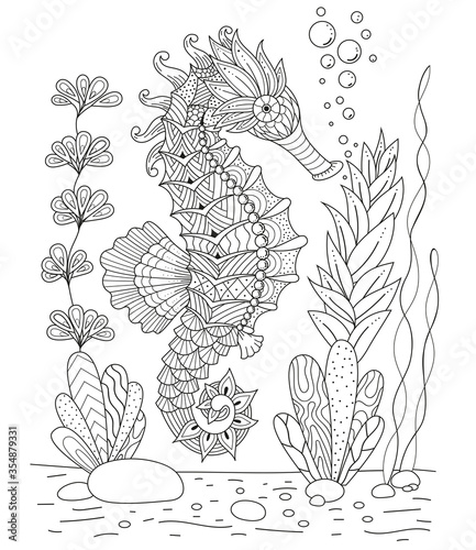 Antistress coloring book seahorse in the Zen style.