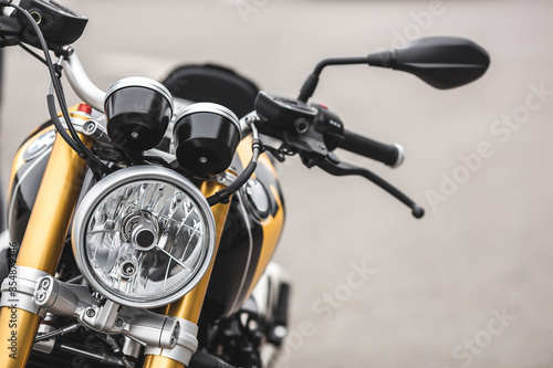 Closeup still of motorbike details. Close shot of motorcycle. © olenachukhil