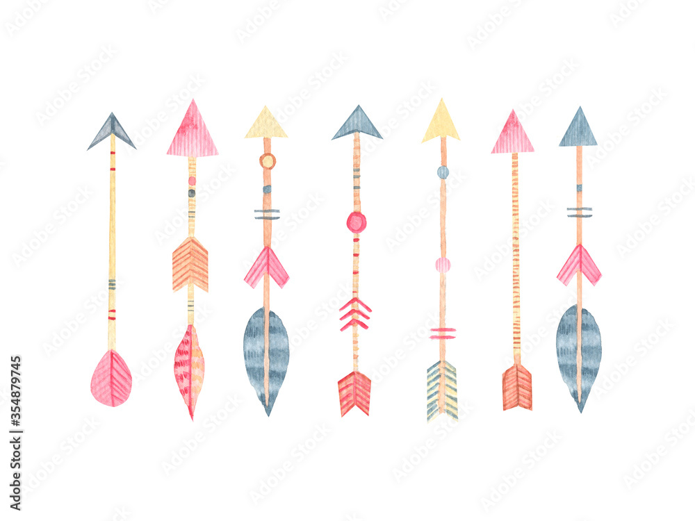 Watercolor hand drawn boho arrows isolated on white background. Perfect for wedding invitation, tribal, boho theme party design. 
