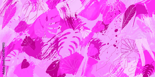 Tropical leaves and plants background. Monstera leaf pattern. Textured artistic background for textile, web design, postcard, banner, poster,  advertisment