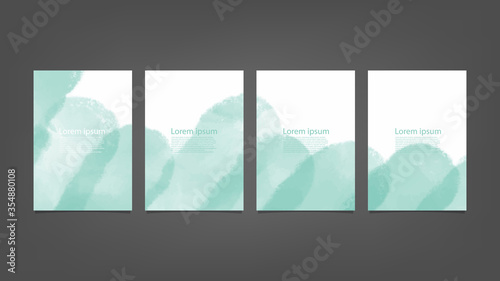 Big set of bright vector green watercolor on vertical black background for brochure poster or flyer