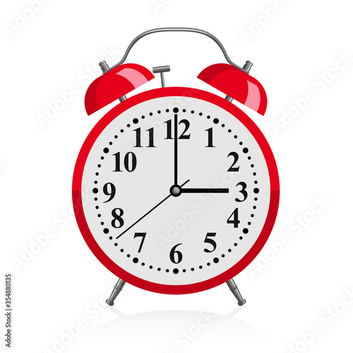 Red alarm clock - vector illustration of retro red watch with wake-up call bells 