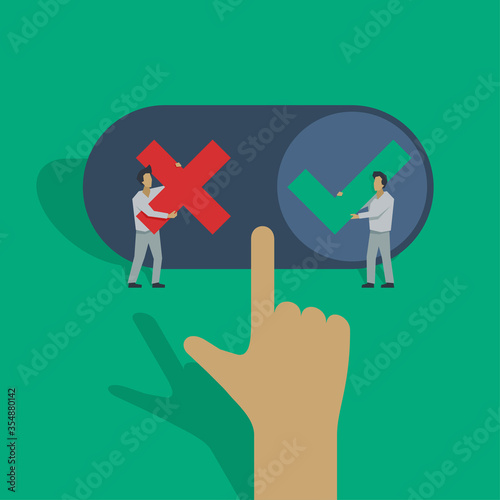 Correct decision choosing - polygonal cartoon people holds tick and cross signs (positive or negative choise) and big frozen hand - vector concept
