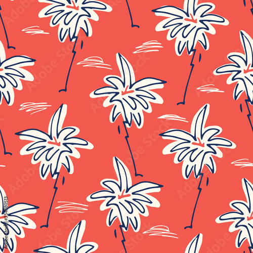 Cute Doodle Hand Drawn Palms Hawaiian Beach Shirt Vector Seamless Pattern. Retro Surf and Beach Tropical Vacation Print for Fashion, Textile. Funky Playful Eighties Style Summer Red Background.