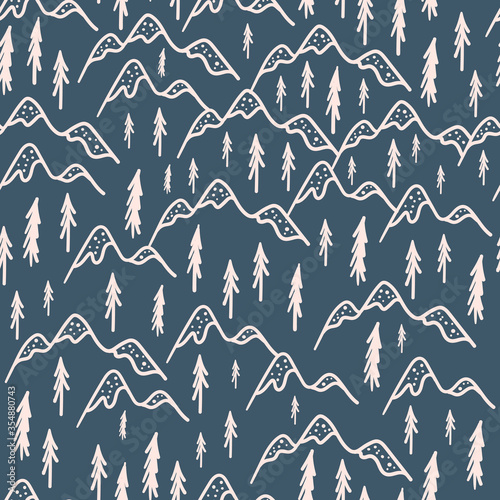 Scandinavian mountains and fir trees seamless doodle hand drawn pattern