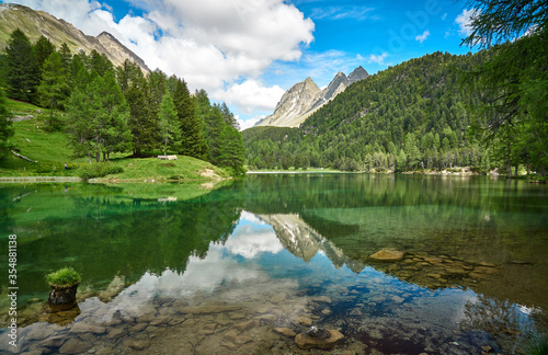Landscape panorama of Lai da Palpuogna / Palpuognasee, mountain lake, Albula Pass in the municipality of Bergün, in the Grisons, Switzerland 