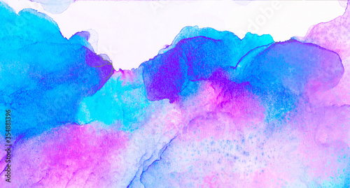 Light blue, pink and purple alcohol ink abstract background. Flow liquid watercolor paint splash texture effect illustration for card design, modern banners, ethereal graphic design