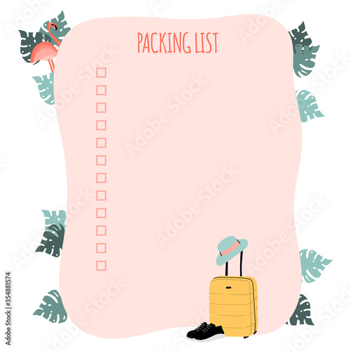 Packing list for trip or travel planner. Hand drawn illustration