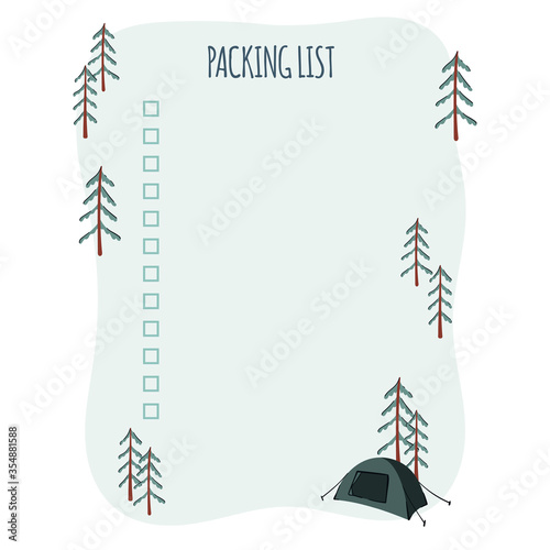 Packing list for trip or travel planner. Mountains and forest vacation. Hand drawn illustration