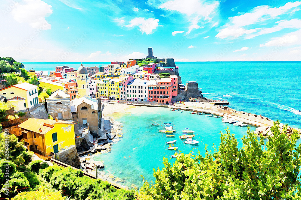 Famous city of Vernazza in Italy - painting style