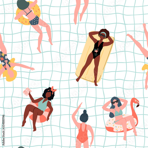 Women are swimming in pool. Seamless summer pattern. Hand drawn flat style background.
