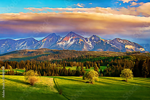 Beautiful spring sunset at Tatra mountains - cartoon style image