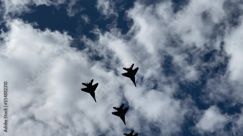 May 7, 2020 - Belarus, Minsk - military aircraft fly in the sky, rehearsal of the May 9 Victory Day parade during the coronavirus pandemic. video with sound