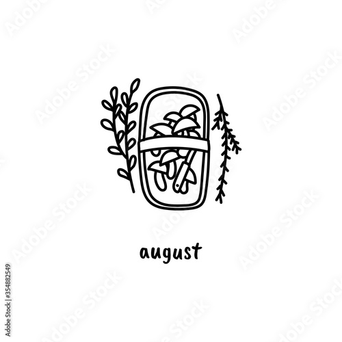 Doodle style busket of mushrooms. Hand drawn illustration for monthly wall or desk calendar. August