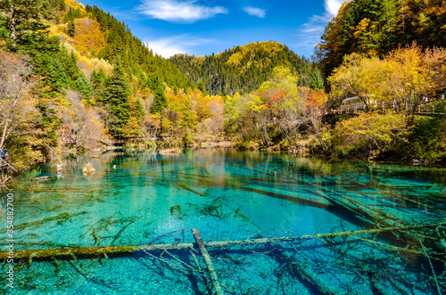 Beautiful multi-color pond at famous Jiuzhaigou National park in autumn, the world heritage site near Chengdu Chinal. © 9mot