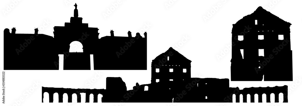 Silhouettes of Ryzhany palace complex of kind of Sapeg in Belarus, set. Vector illustration