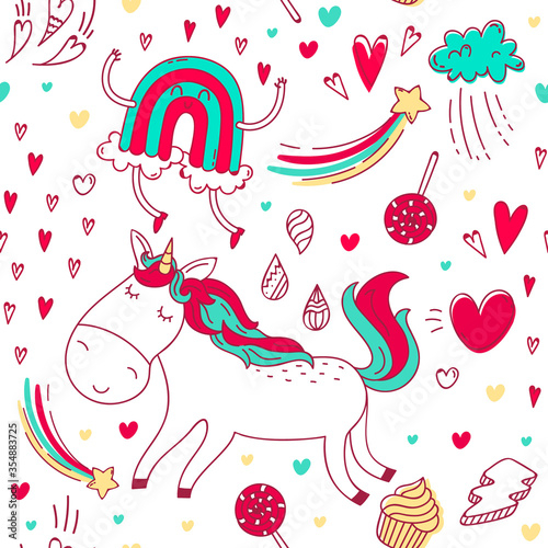 Bright doodle pattern with kawaii unicorn, rainbow, hearts and other elements.