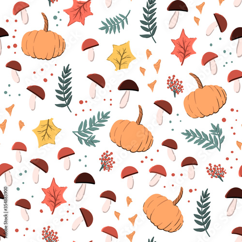 Autumn seamless pattern with pumpkin, mushrooms, berries and leaves. Hand drawn background